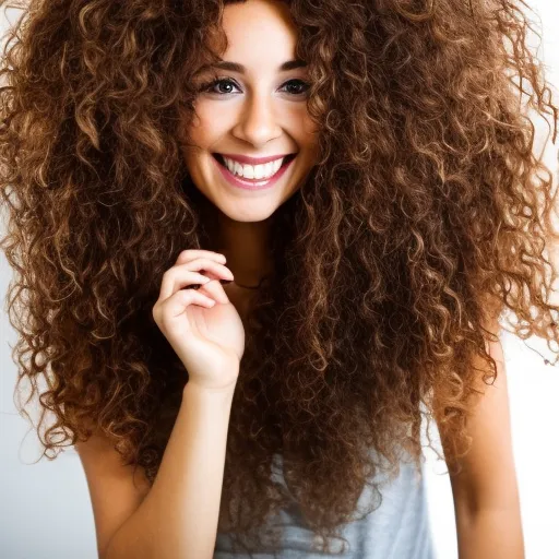 

A woman with long, curly hair, smiling and looking in the mirror, showing off her perfect curls.