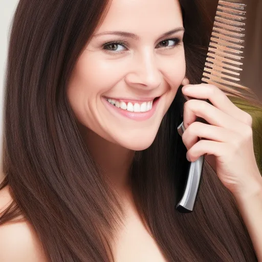 

A woman with long, dark brown hair, smiling and brushing her hair with a wide-toothed comb.