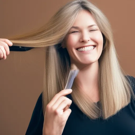 

A woman with long, healthy-looking hair, smiling and brushing her hair with a wide-toothed comb.