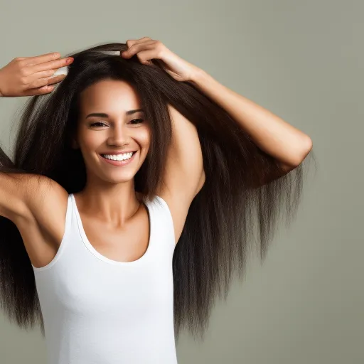 

A woman with long, healthy-looking hair, smiling and brushing her hair with a wide-toothed comb.