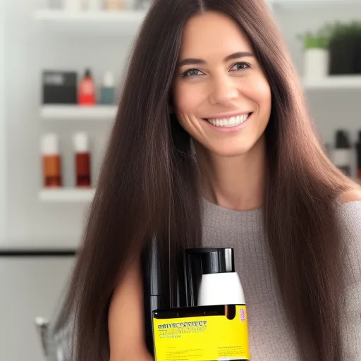 

A woman with long, smooth hair, smiling and looking into the camera, holding a bottle of anti-frizz hair product.