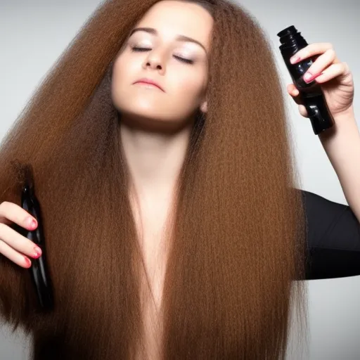 

A woman with long, damaged hair, looking in the mirror with a determined expression, holding a bottle of hair care product.