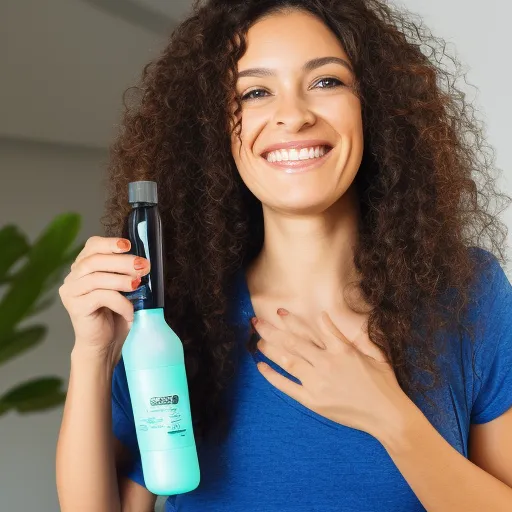 

A woman with long, curly hair, smiling and looking into the camera while holding a bottle of hair conditioner.