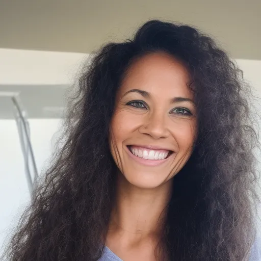 

A woman with long, healthy, shiny hair, wearing a Lashilé Good Hair t-shirt, smiling confidently.