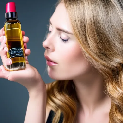 

A close-up of a woman's hair with a bottle of castor oil in the background, highlighting the benefits of using castor oil for healthier hair.