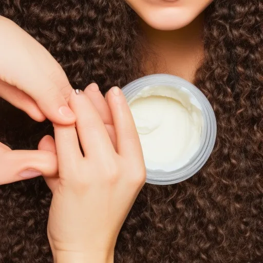 

A close-up of a woman's hair with a hand applying a generous amount of shea butter to nourish and protect it.