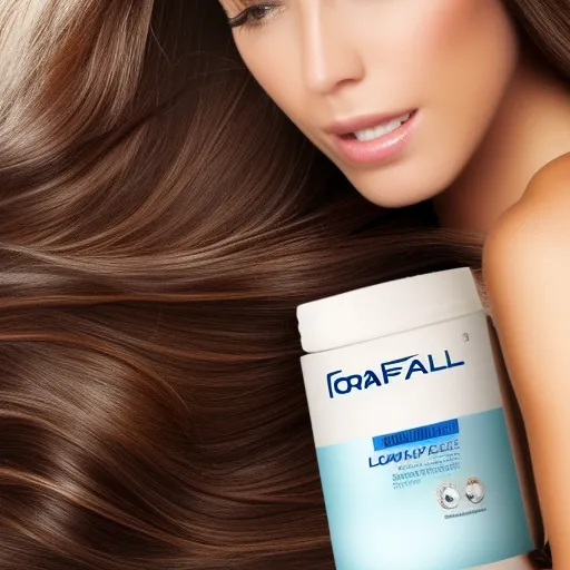 

A close-up of a woman's healthy, shiny hair, with a bottle of Forcapil hair supplement in the background.