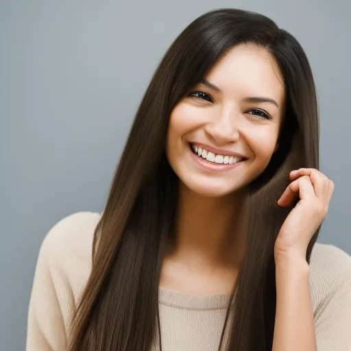 

A woman with long, healthy hair, smiling while using a clay-based hair mask.