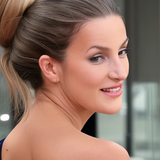 

A woman with long, healthy-looking hair styled in a sleek, low bun, with a few strands of hair left loose around her face.