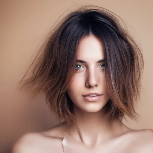 

A close-up of a woman's face with a stylish, layered haircut, highlighting her natural beauty.