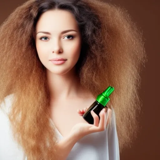 

Image of a woman with long, healthy-looking hair, holding a bottle of hair oil. Caption: "Take care of your hair with the best oils".