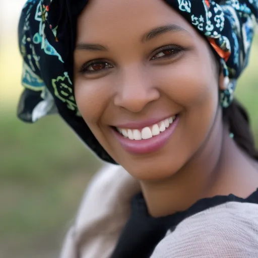 

A woman with long, curly, black hair, smiling and looking into the camera, wearing a headscarf.