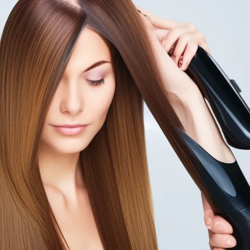 

An image of a woman with straight, shiny hair, using a professional-grade hair straightener to style her hair.