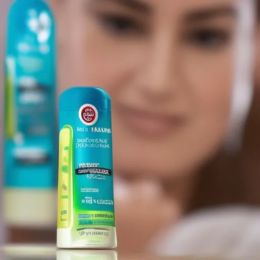 

A close-up of a woman's head with healthy, shiny hair, showing a bottle of Garnier hair care product in the background.