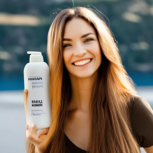 

Photo of a woman with long, healthy-looking hair, smiling and holding a bottle of hair care product.