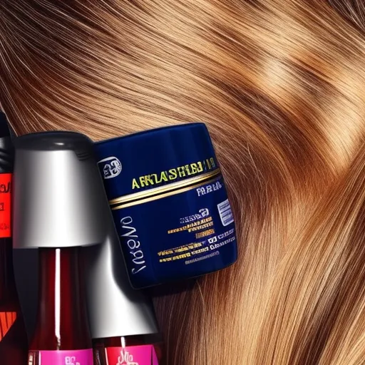 

A close-up of a woman's hair, with a bottle of hair care product in the background.