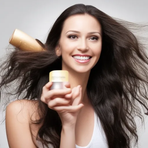 

A woman with long, shiny hair, smiling and looking into the camera, with a bottle of anti-dandruff shampoo in her hands.