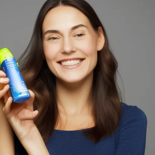 

An image of a woman with long, healthy-looking hair, smiling while holding a bottle of shampoo.