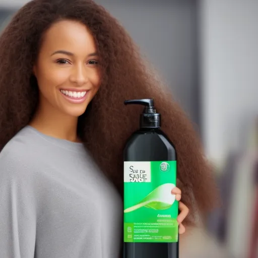 

Image of a woman with long, healthy-looking hair, smiling and holding a bottle of shampoo labeled "Sulfate-Free".