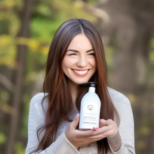 

An image of a woman with voluminous, shiny hair, holding a bottle of dry shampoo.