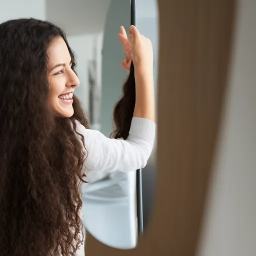 

A woman with long, healthy hair, smiling while looking in the mirror.