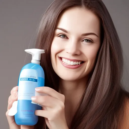 

An image of a woman with long, healthy-looking hair, smiling and holding a bottle of anti-dandruff shampoo.