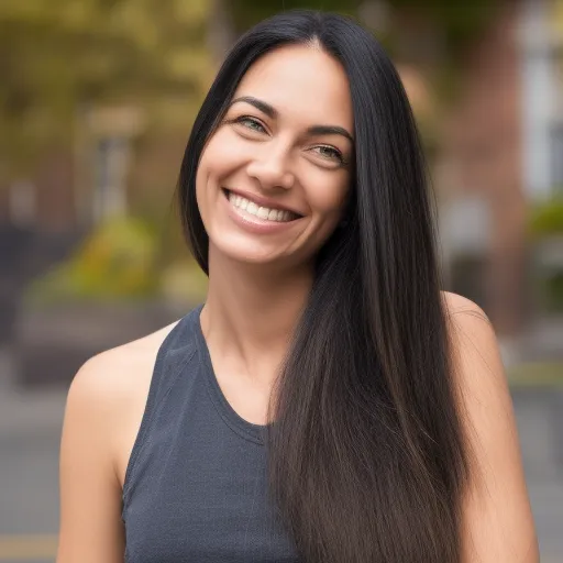 

A woman with long, healthy, shiny hair, smiling and looking into the camera.