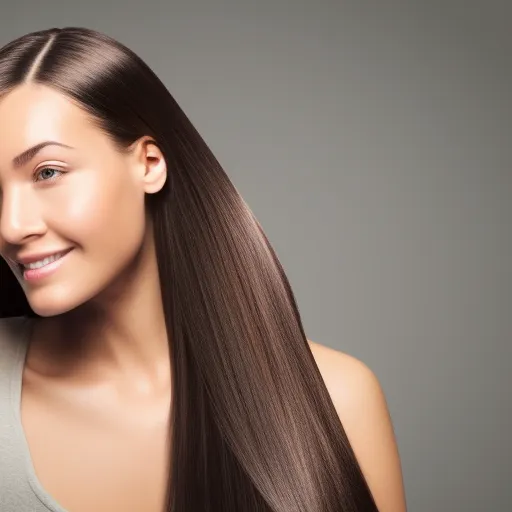 

A close-up of a woman's head with healthy, shiny hair, wearing a Revlon hair care product.