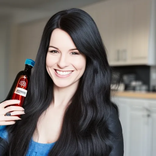 

A woman with long, dark hair, smiling and looking into the camera, with a bottle of hair dye in her hand.