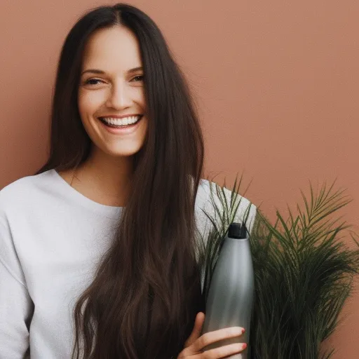 

A woman with long, healthy-looking hair, smiling and looking at the camera, with a bottle of leave-in hair conditioner in her hand.