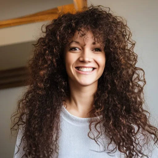 

A woman with long, curly hair, smiling and looking in the mirror, showing off her newly-done perm.