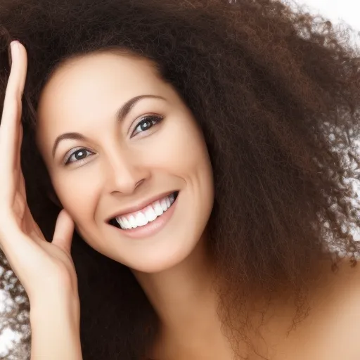 

A woman with long, healthy-looking hair, smiling while using a hair mask.