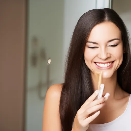 

A woman with long, shiny hair, smiling and looking in the mirror while using a hair mask.