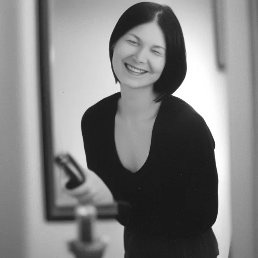 

A woman with shoulder-length hair, smiling and looking in the mirror, with a hairbrush in her hand.