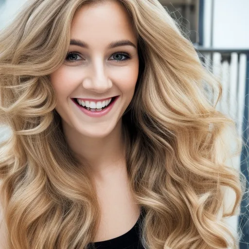 

A woman with long blonde hair, styled in loose waves, looking into the camera with a confident smile.