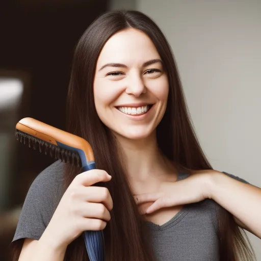 

A woman with long, healthy-looking hair, smiling and looking into the camera, with a hairbrush in her hand.