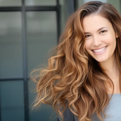 

A woman with long, caramel and honey-colored hair styled in loose waves, smiling and looking radiant with healthy, glossy locks.