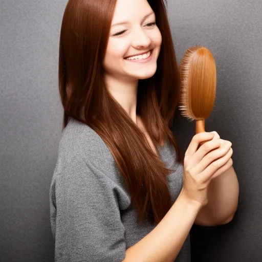 

A woman with chestnut brown hair brushing her hair, looking in the mirror with a satisfied smile.