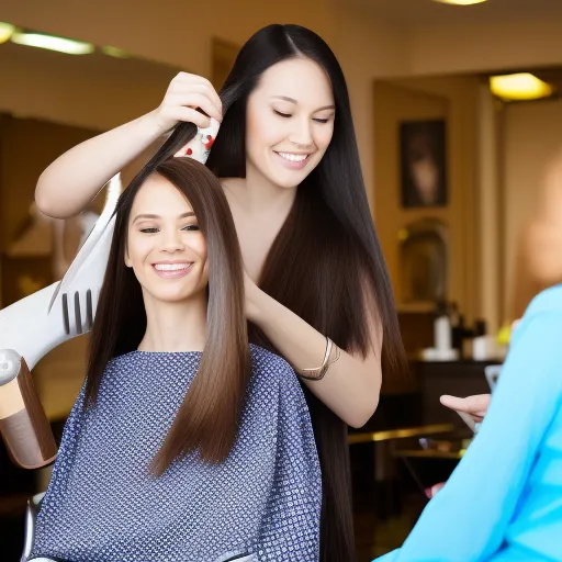 

A woman with long, glossy hair smiling while having her hair styled by a professional hairdresser.