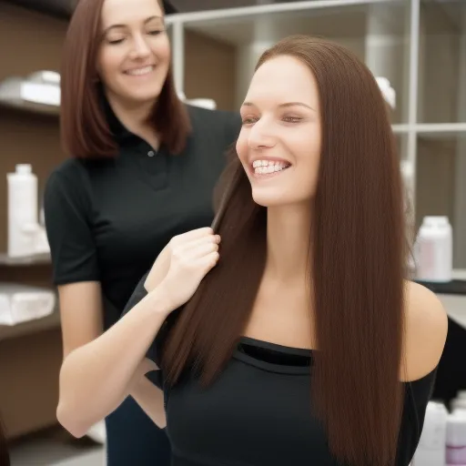 

A woman with long, healthy-looking hair smiling while getting a professional hair treatment at Planity Coiffure salon.