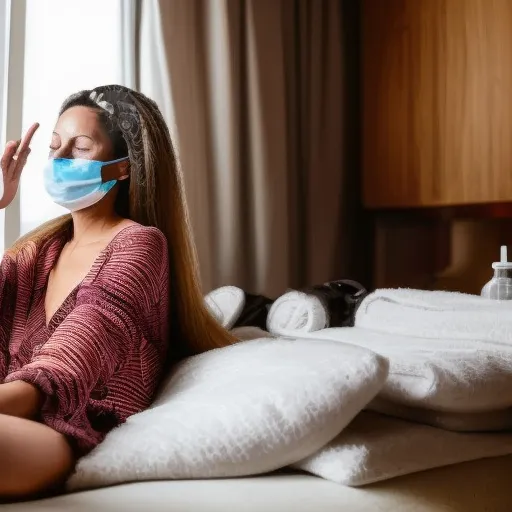 

A woman with long, healthy-looking hair, sitting in her home and using a hair mask to take care of her hair during the lockdown.