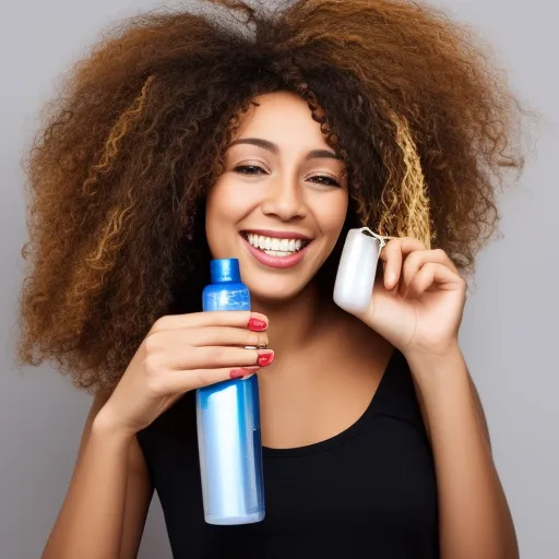 

A woman with long curly hair smiling, holding a bottle of hair cream.