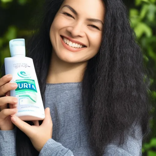 

A woman with long, healthy-looking hair, smiling while holding a bottle of Garnier Ultra Doux hair care products.