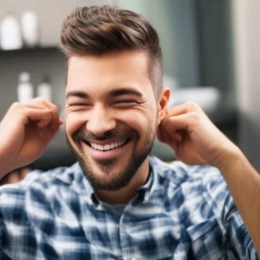 

A man with short hair smiling while using a hair product, showing the importance of proper hair care for men.