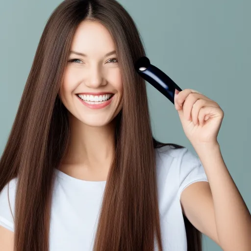 

A woman with long, healthy hair, smiling and looking into the camera, with a hairbrush in her hand.