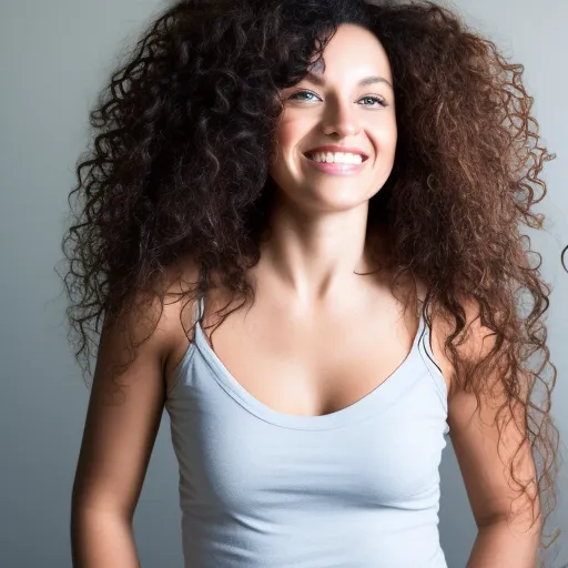 

A woman with long, curly hair smiling while looking in the mirror, showing off her healthy and shiny locks.