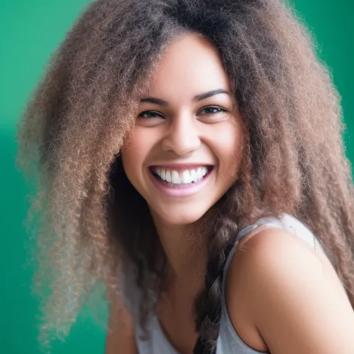 

A woman with long, brightly colored hair, smiling and looking into the camera.