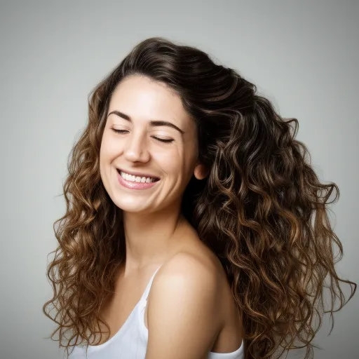 

A woman with long, wavy hair, smiling while holding a strand of her hair up to the light, showing off its healthy shine.