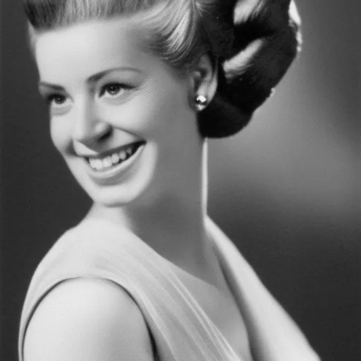 

A close-up of a woman's head with her hair styled in an intricate updo, with a satisfied smile on her face.