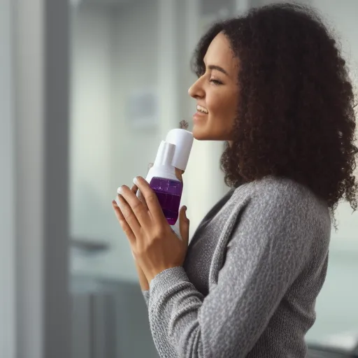 

A woman holding a bottle of shampoo, looking at the label and smiling.